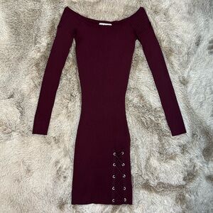 Say What Wine Off Shoulder Long Sleeve Ribbed Sweater Mini Dress NWOT